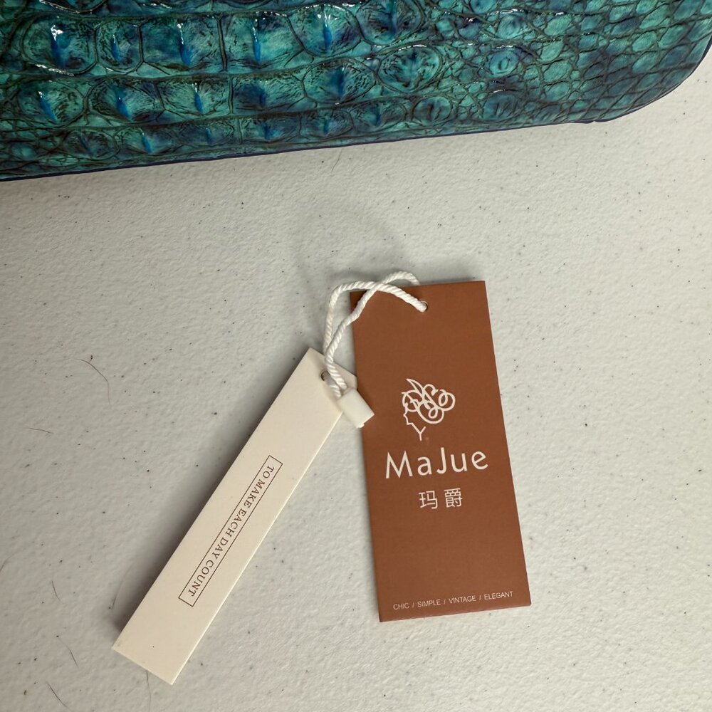 MaJue Croc-Embossed Teal Shoulder Bag | Gold Hardware | New with Tags - Picture 2 of 10